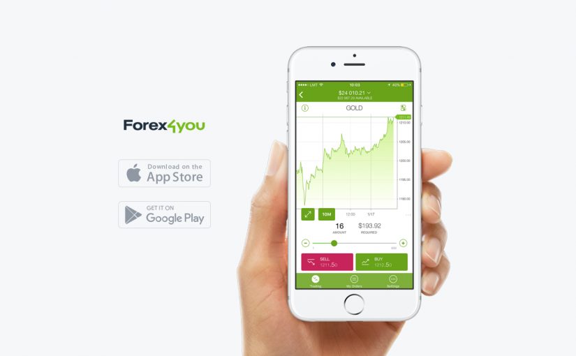 Tay giữ điện thoại với ứng dụng dành cho thiết bị di động Forex4you được hiển thị trên màn hình, biểu tượng cho tải xuống ứng dụng