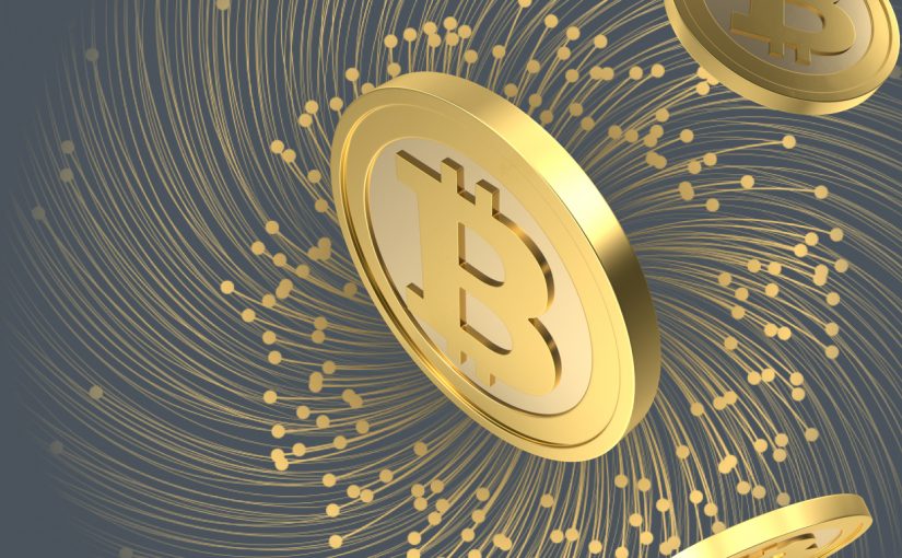 Các bitcoins vàng quay trong nền màu xám, Forex4you đã khởi chạy Bitcoin trading